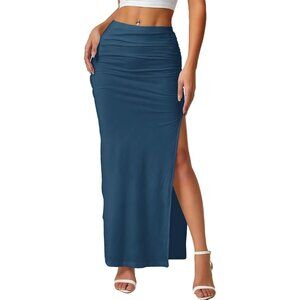 Women's Navy Blue Ruched Side Slit Thigh Elegant Bodycon Pencil Chic Maxi Skirt